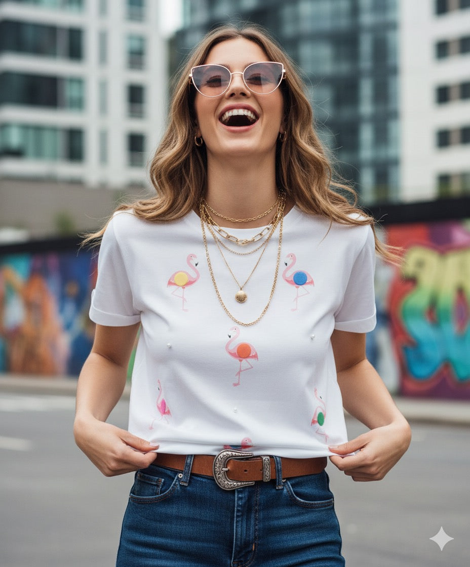 CAMISETA FLAMINGO POMPOM