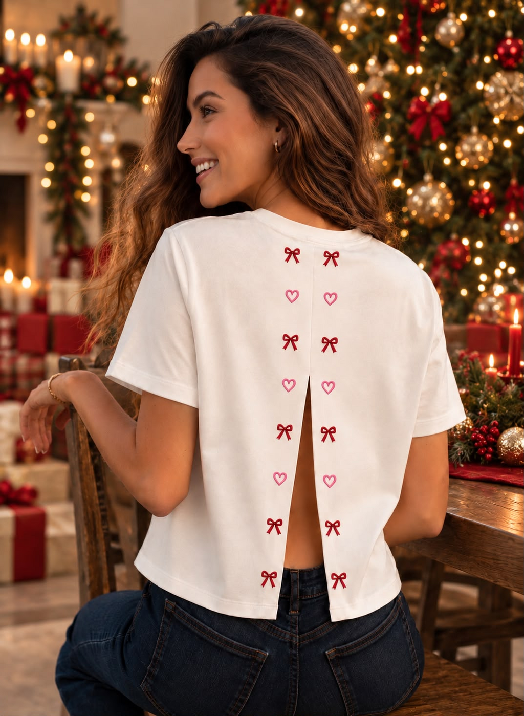 Camiseta Cutie Teddy: abertura en la espalda enmarcada por moños rojos y corazones rosados.